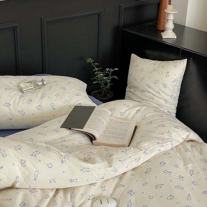 91家纺网 家纺一手货源 找家纺 源启生活 2025新款全棉A类双层皱皱纱四件套 奶油兔兔