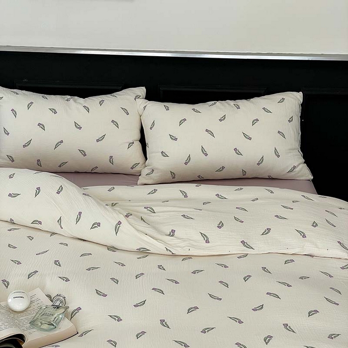 91家纺网 家纺一手货源 找家纺 源启生活 2025新款全棉A类双层皱皱纱四件套 紫郁