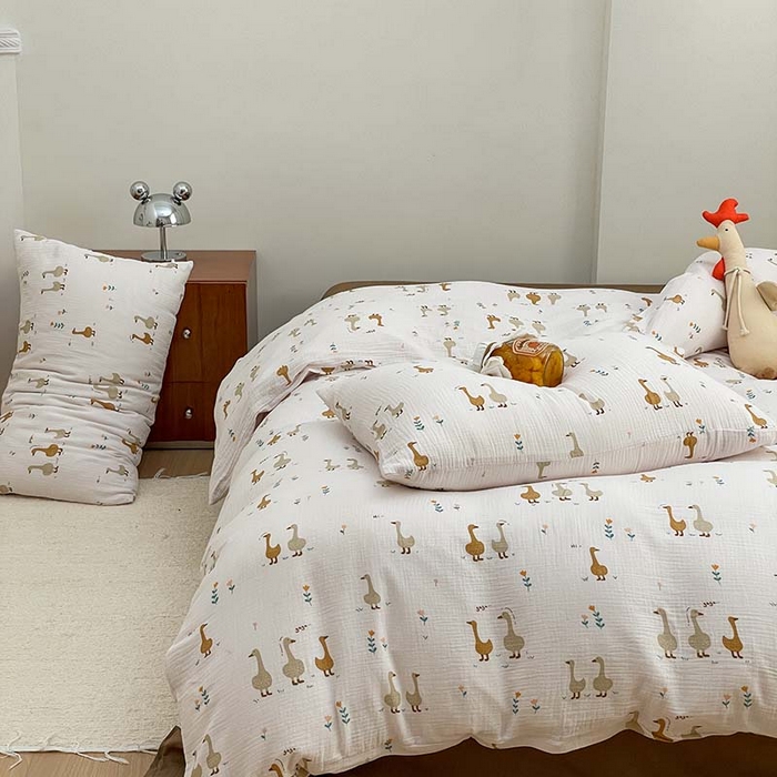 91家纺网 家纺一手货源 找家纺 源启生活 2025新款全棉A类双层皱皱纱四件套 乖乖鸭