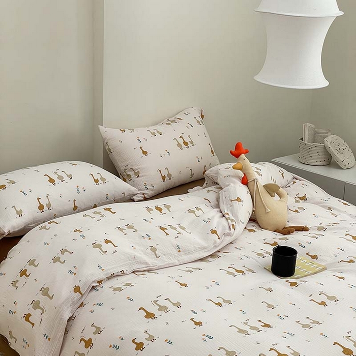 91家纺网 家纺一手货源 找家纺 源启生活 2025新款全棉A类双层皱皱纱四件套 乖乖鸭