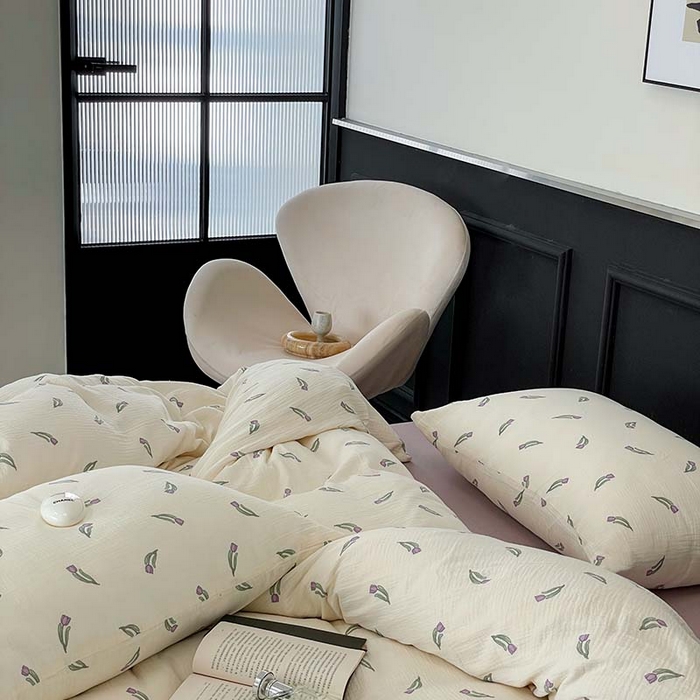 91家纺网 家纺一手货源 找家纺 源启生活 2025新款全棉A类双层皱皱纱四件套 紫郁