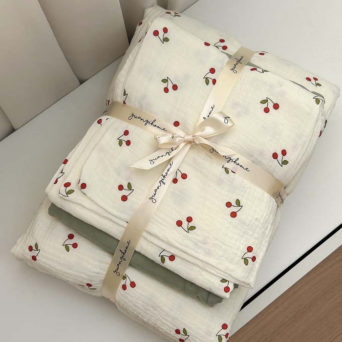 91家纺网 家纺一手货源 找家纺 源启生活 2025新款全棉A类双层皱皱纱四件套 樱桃树