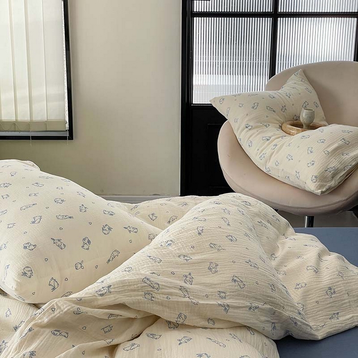 91家纺网 家纺一手货源 找家纺 源启生活 2025新款全棉A类双层皱皱纱四件套 奶油兔兔