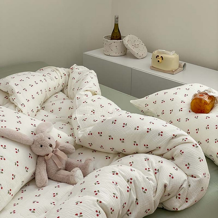 91家纺网 家纺一手货源 找家纺 源启生活 2025新款全棉A类双层皱皱纱四件套 樱桃树