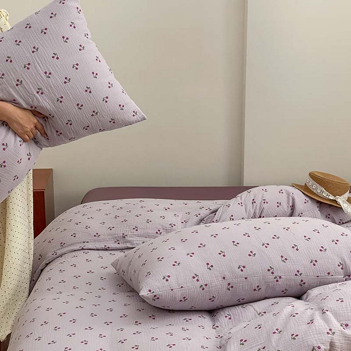 91家纺网 家纺一手货源 找家纺 源启生活 2025新款全棉A类双层皱皱纱四件套 樱桃酱