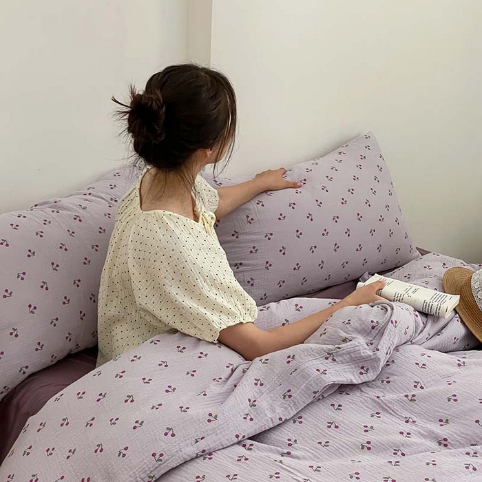 91家纺网 家纺一手货源 找家纺 源启生活 2025新款全棉A类双层皱皱纱四件套 樱桃酱