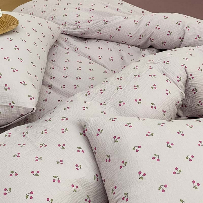 91家纺网 家纺一手货源 找家纺 源启生活 2025新款全棉A类双层皱皱纱四件套 樱桃酱