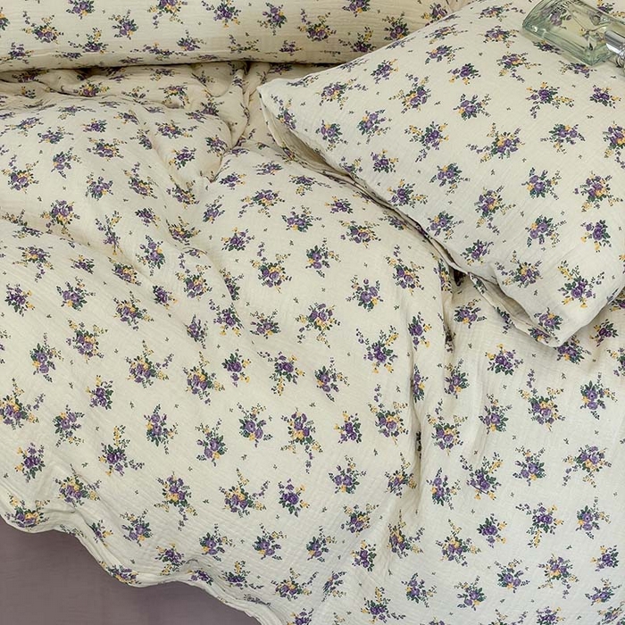 91家纺网 家纺一手货源 找家纺 源启生活 2025新款全棉A类双层皱皱纱四件套 紫嫣