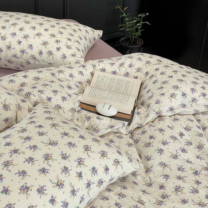 91家纺网 家纺一手货源 找家纺 源启生活 2025新款全棉A类双层皱皱纱四件套 紫嫣