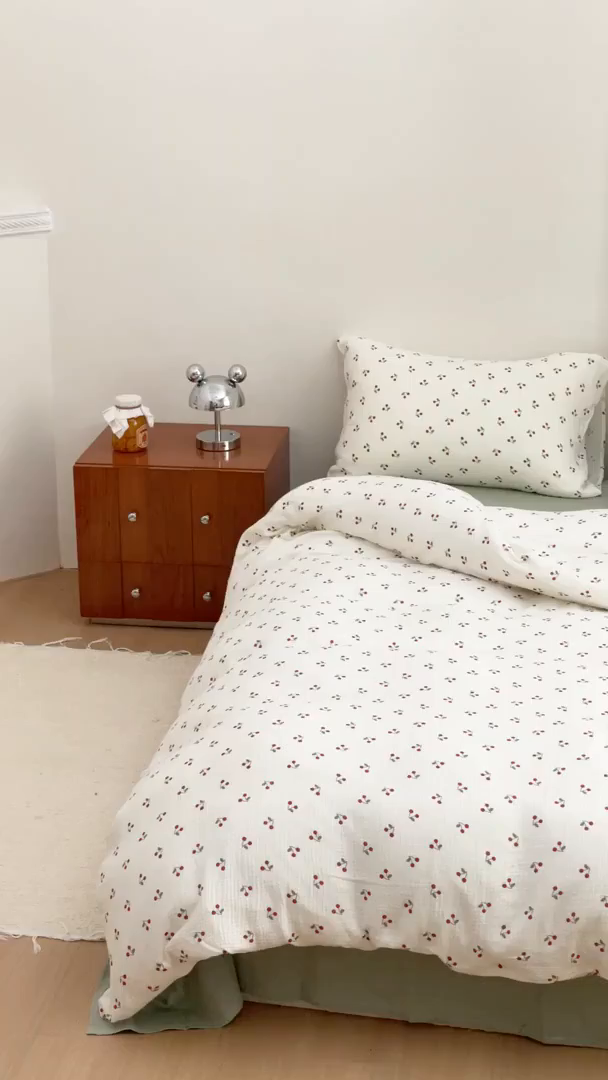 91家纺网 家纺一手货源 找家纺 源启生活 2025新款全棉A类双层皱皱纱四件套 樱桃树