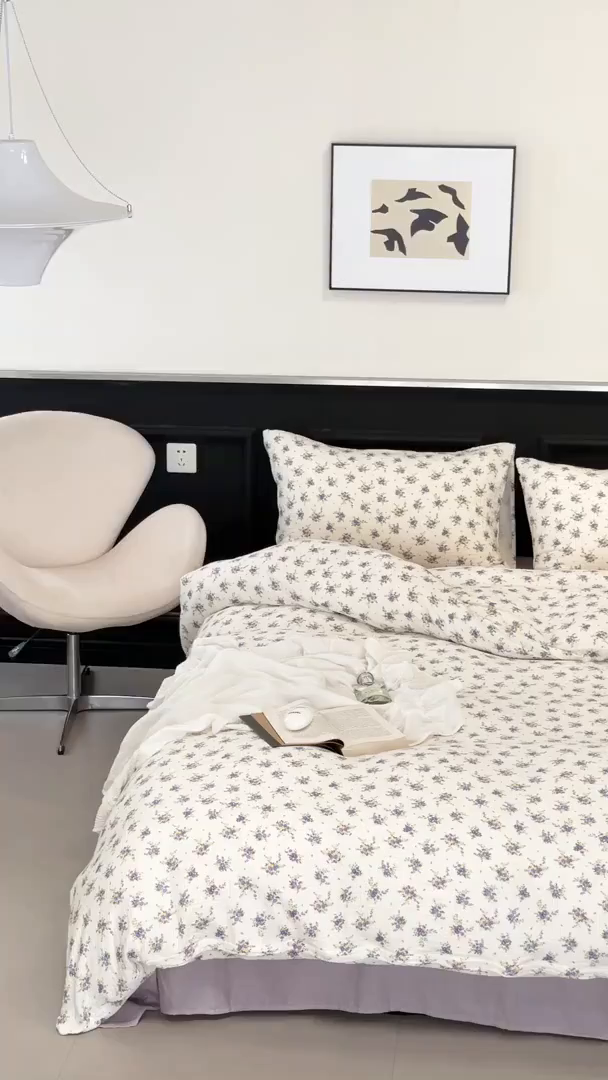 91家纺网 家纺一手货源 找家纺 源启生活 2025新款全棉A类双层皱皱纱四件套 紫嫣