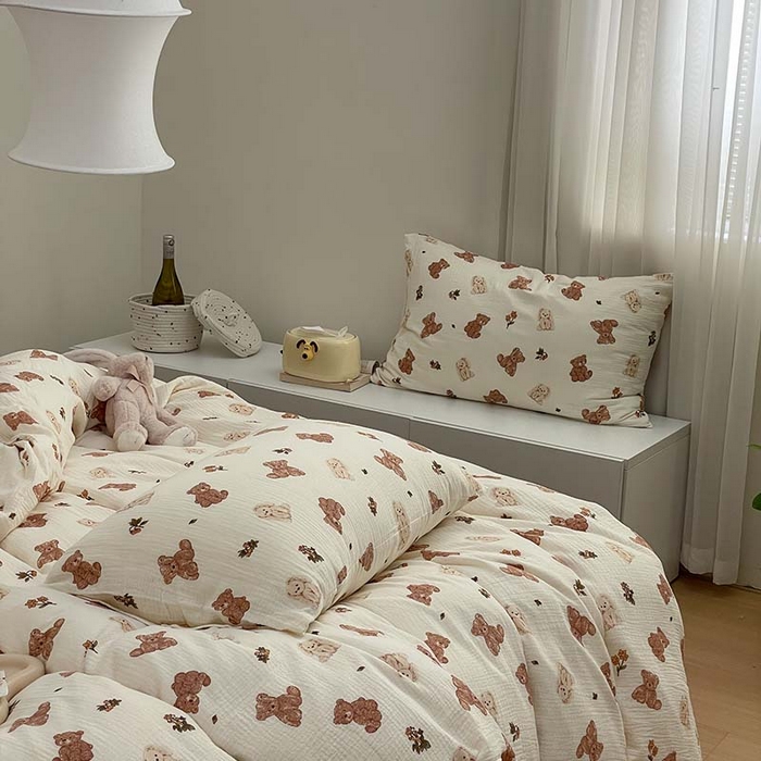 91家纺网 家纺一手货源 找家纺 源启生活 2025新款全棉A类双层皱皱纱四件套 呆萌熊