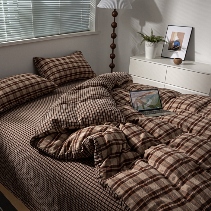 91家纺网 家纺一手货源 找家纺 （总）仰望棉麻双层纱供应链 2026新款焦糖玛奇朵全棉色织双层纱四件套