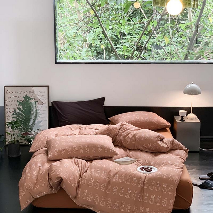 91家纺网 家纺一手货源 找家纺 源启生活 2025秋冬新款A类全棉针织棉活性印染四件套 你好兔兔