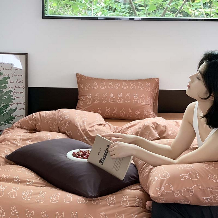 91家纺网 家纺一手货源 找家纺 源启生活 2025秋冬新款A类全棉针织棉活性印染四件套 你好兔兔