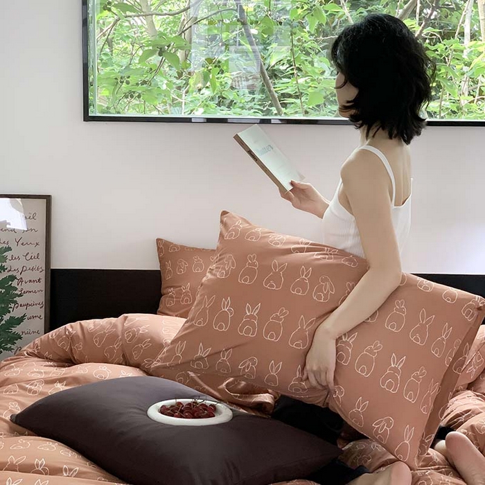 91家纺网 家纺一手货源 找家纺 源启生活 2025秋冬新款A类全棉针织棉活性印染四件套 你好兔兔