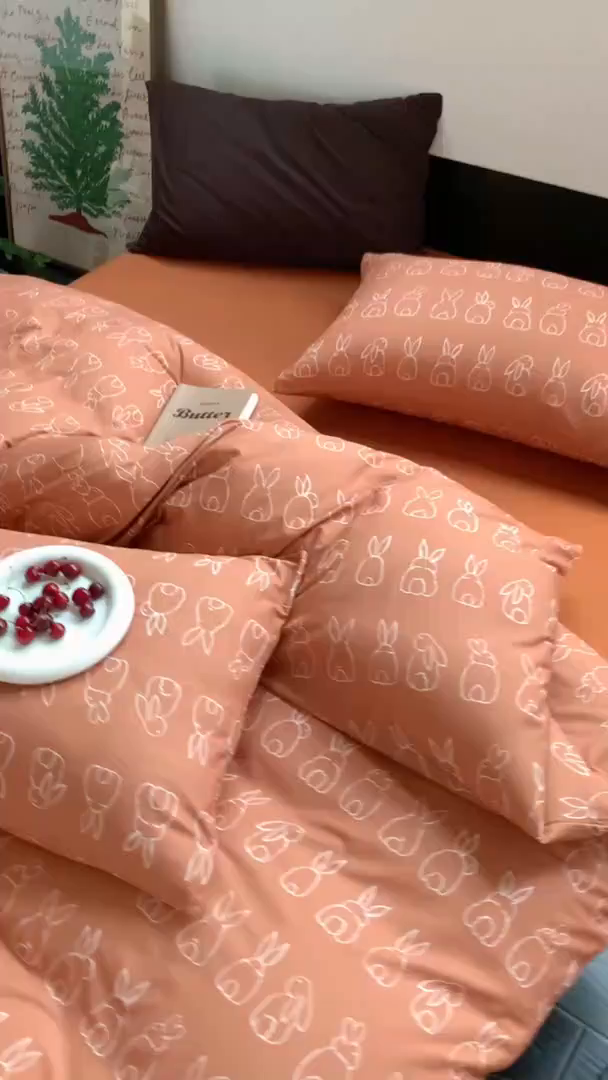 91家纺网 家纺一手货源 找家纺 源启生活 2025秋冬新款A类全棉针织棉活性印染四件套 你好兔兔