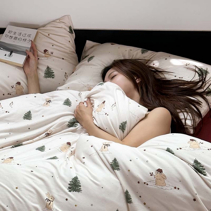 91家纺网 家纺一手货源 找家纺 源启生活 2025秋冬新款A类全棉针织棉活性印染四件套 圣诞兔