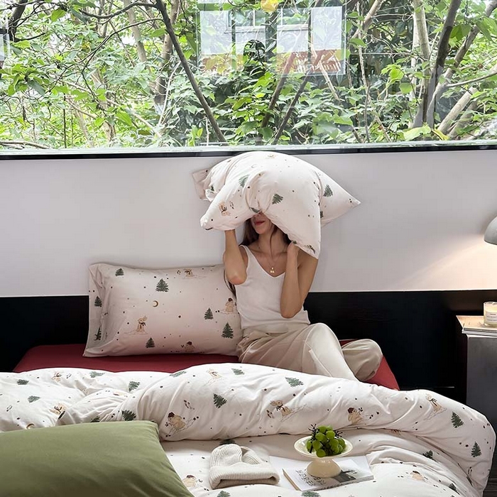 91家纺网 家纺一手货源 找家纺 源启生活 2025秋冬新款A类全棉针织棉活性印染四件套 圣诞兔