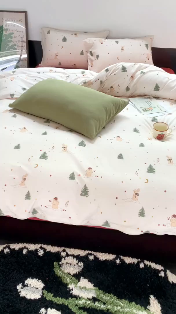 91家纺网 家纺一手货源 找家纺 源启生活 2025秋冬新款A类全棉针织棉活性印染四件套 圣诞兔