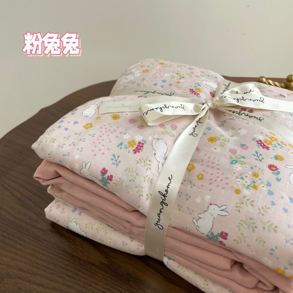 91家纺网 家纺一手货源 找家纺 源启生活 2025新款A类抗菌有氧双层纱全棉印花四件套 粉兔兔