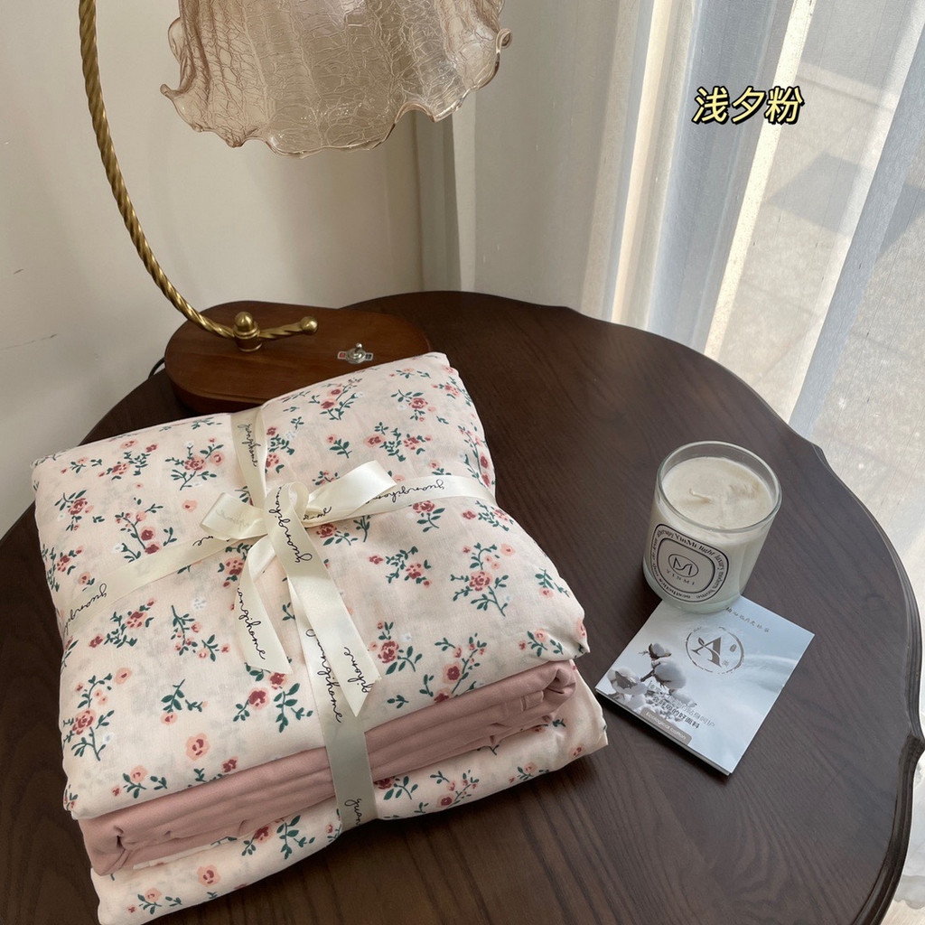 91家纺网 家纺一手货源 找家纺 源启生活 2025新款A类抗菌有氧双层纱全棉印花四件套 浅汐粉