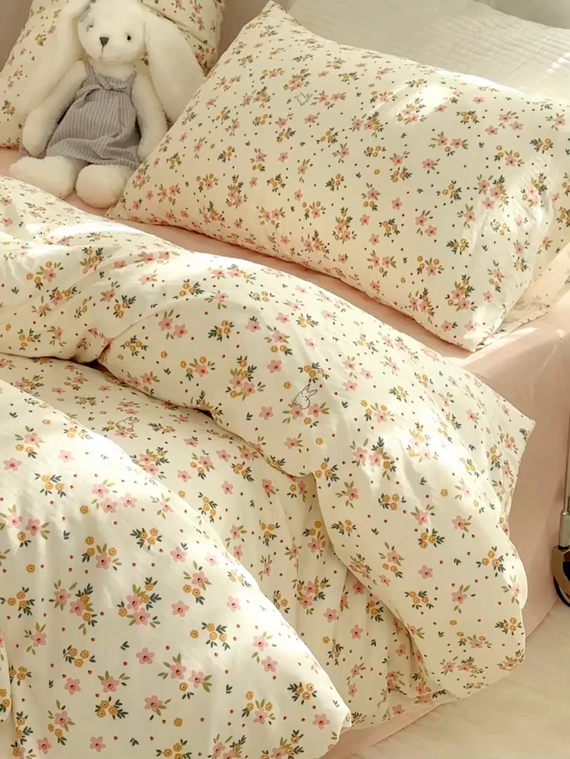 91家纺网 家纺一手货源 找家纺 源启生活 2025新款A类抗菌有氧双层纱全棉印花四件套 花漾