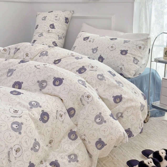 源启生活 2025新款A类抗菌有氧双层纱全棉印花四件套 蓝色小熊