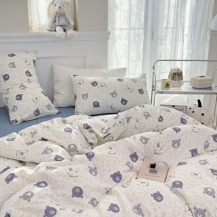 91家纺网 家纺一手货源 找家纺 源启生活 2025新款A类抗菌有氧双层纱全棉印花四件套 蓝色小熊