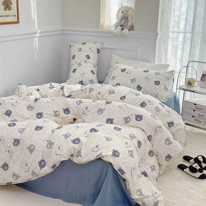 91家纺网 家纺一手货源 找家纺 源启生活 2025新款A类抗菌有氧双层纱全棉印花四件套 蓝色小熊