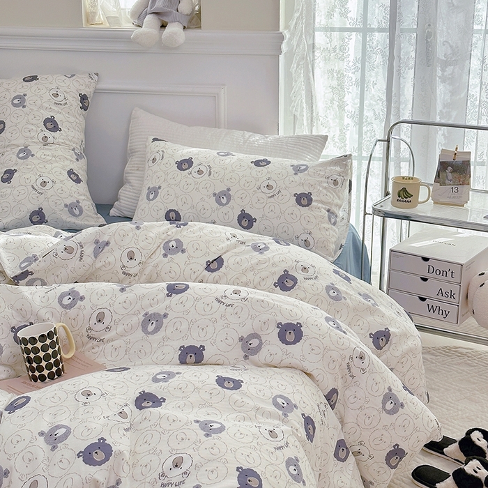 91家纺网 家纺一手货源 找家纺 源启生活 2025新款A类抗菌有氧双层纱全棉印花四件套 蓝色小熊