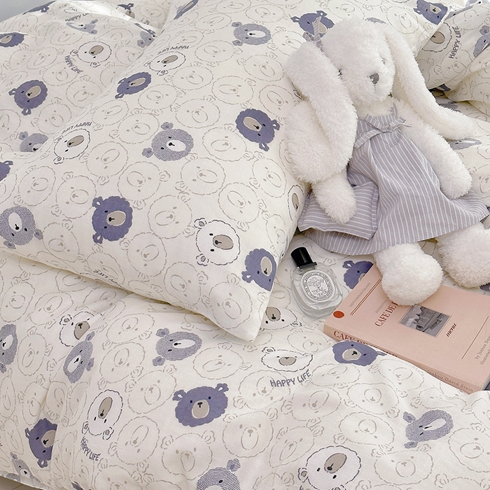 91家纺网 家纺一手货源 找家纺 源启生活 2025新款A类抗菌有氧双层纱全棉印花四件套 蓝色小熊