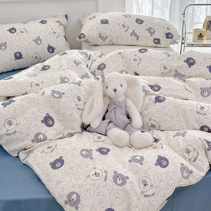 91家纺网 家纺一手货源 找家纺 源启生活 2025新款A类抗菌有氧双层纱全棉印花四件套 蓝色小熊