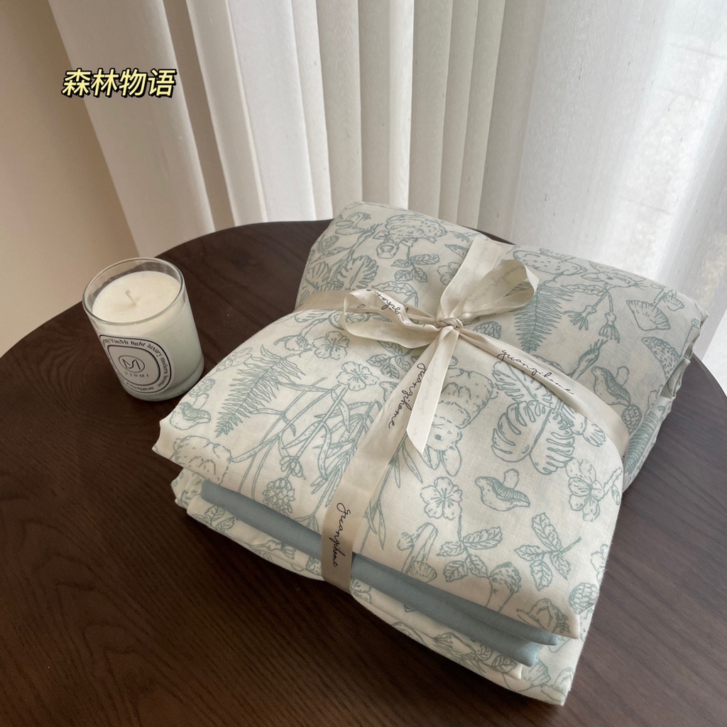 源启生活 2025新款A类抗菌有氧双层纱全棉印花四件套 森林物语