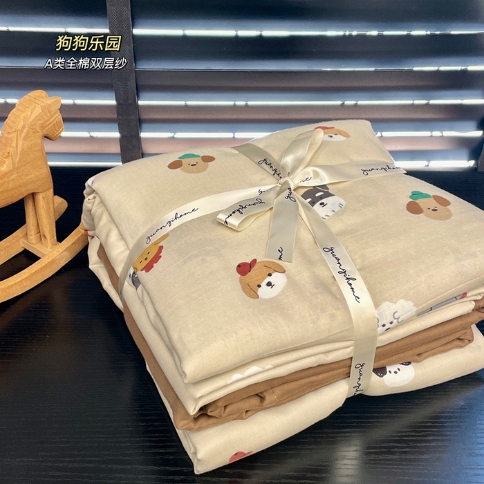 源启生活 2025新款A类抗菌有氧双层纱全棉印花四件套 狗狗乐园