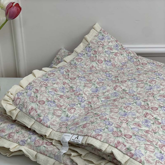 91家纺网 家纺一手货源 找家纺 源启生活 2025新款A类绉纱花边款有氧双层纱夏被被子被芯 关德琳