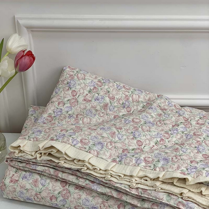 91家纺网 家纺一手货源 找家纺 源启生活 2025新款A类绉纱花边款有氧双层纱夏被被子被芯 关德琳