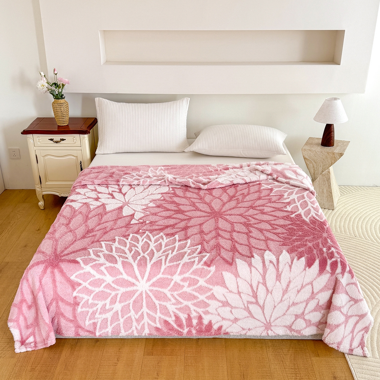 91家纺网 家纺一手货源 找家纺 枋梢家纺 2025新款万花筒阳离子提花镂空塔芙绒保暖午睡双层毛毯办公室盖毯 万花筒-柔粉