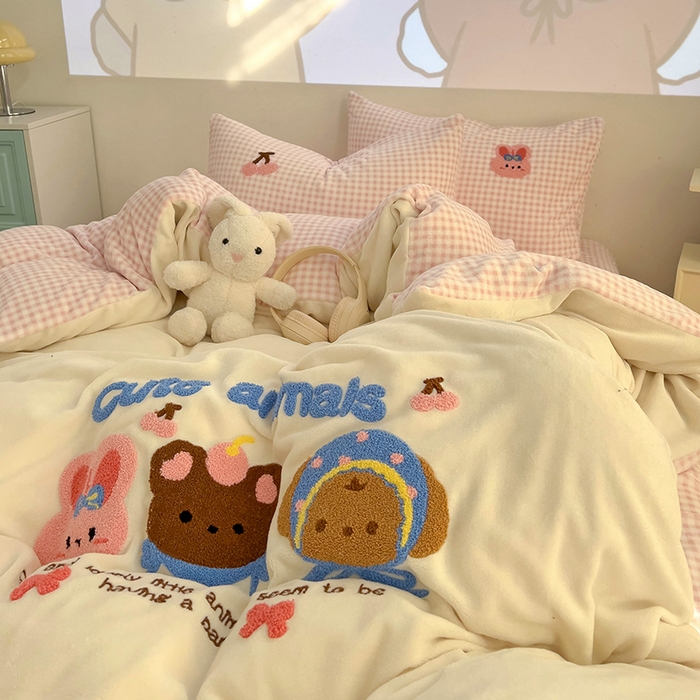 91家纺网 家纺一手货源 找家纺 乐童家纺 2025新款小清新牛奶绒毛巾绣四件套-第三波 樱桃兔