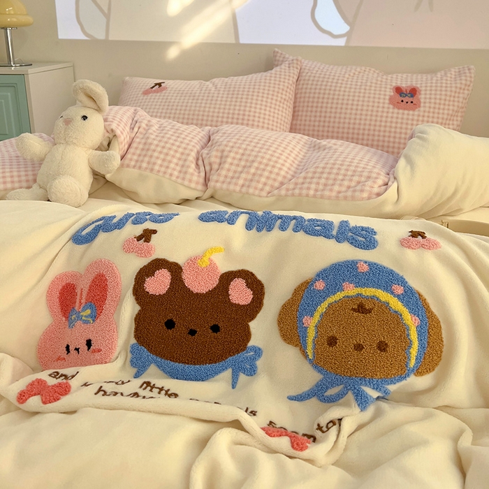 91家纺网 家纺一手货源 找家纺 乐童家纺 2025新款小清新牛奶绒毛巾绣四件套-第三波 樱桃兔