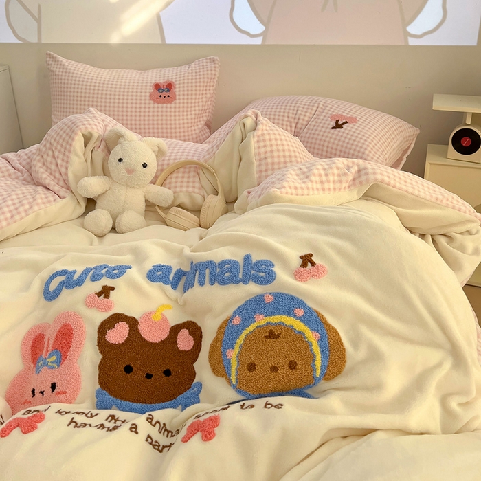 一霖家纺 2025新款小清新牛奶绒毛巾绣四件套-第三波 樱桃兔