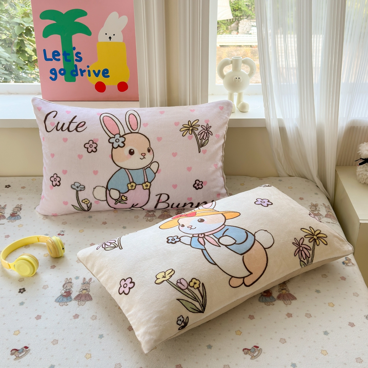 91家纺网 家纺一手货源 找家纺 一霖家纺 2025新款小清新牛奶绒毛巾绣四件套-第三波 花园小兔咖