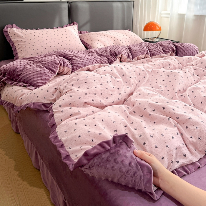 一比一家纺 2025新款保暖舒适云感纱➕绒加绒四件套 蝴蝶结点点- 紫