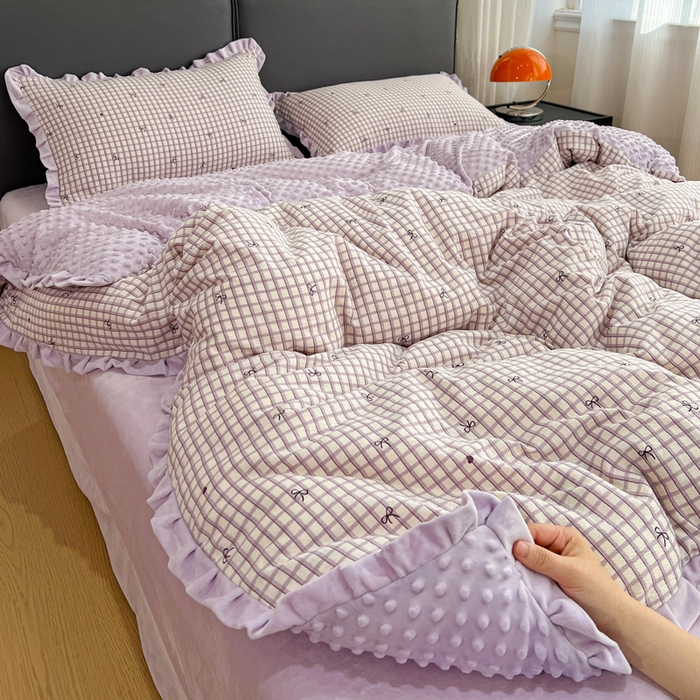 一比一家纺 2025新款保暖舒适云感纱➕绒加绒四件套 格子蝴蝶结紫