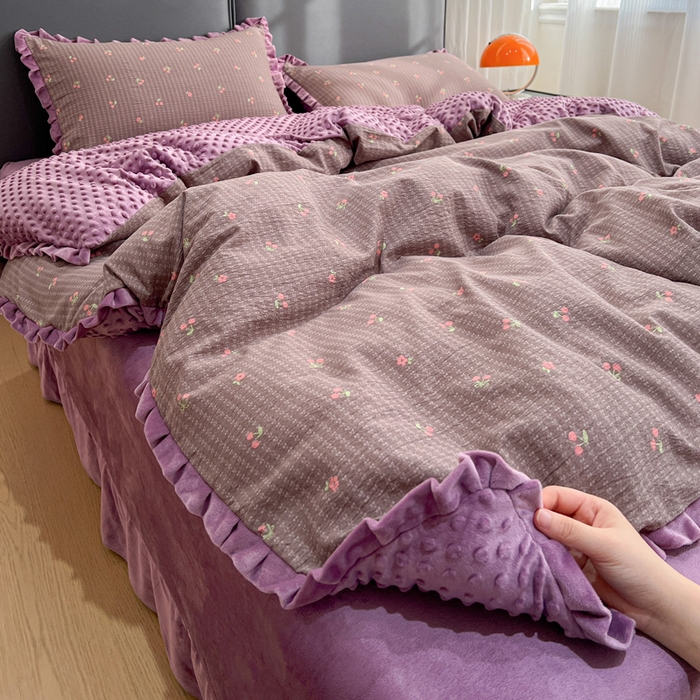 一比一家纺 2025新款保暖舒适云感纱➕绒加绒四件套 樱桃灰