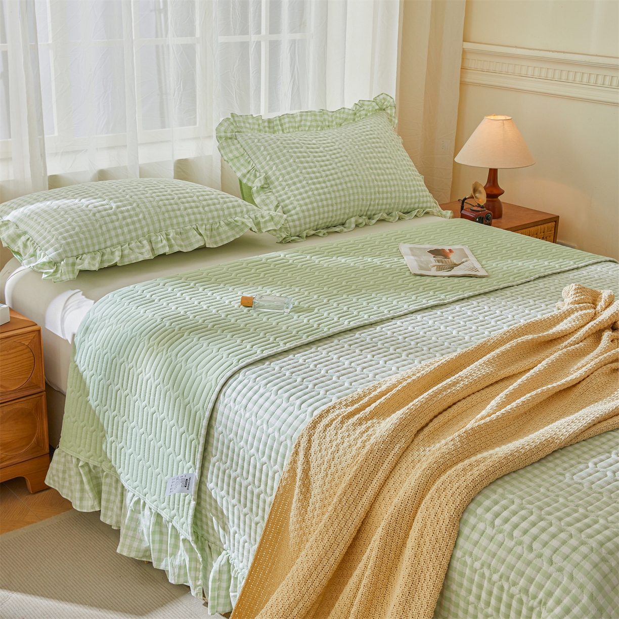 91家纺网 家纺一手货源 找家纺 （总）珂博家纺 2025新款韩版花边纯棉全棉水洗棉色织床盖三件套单枕套