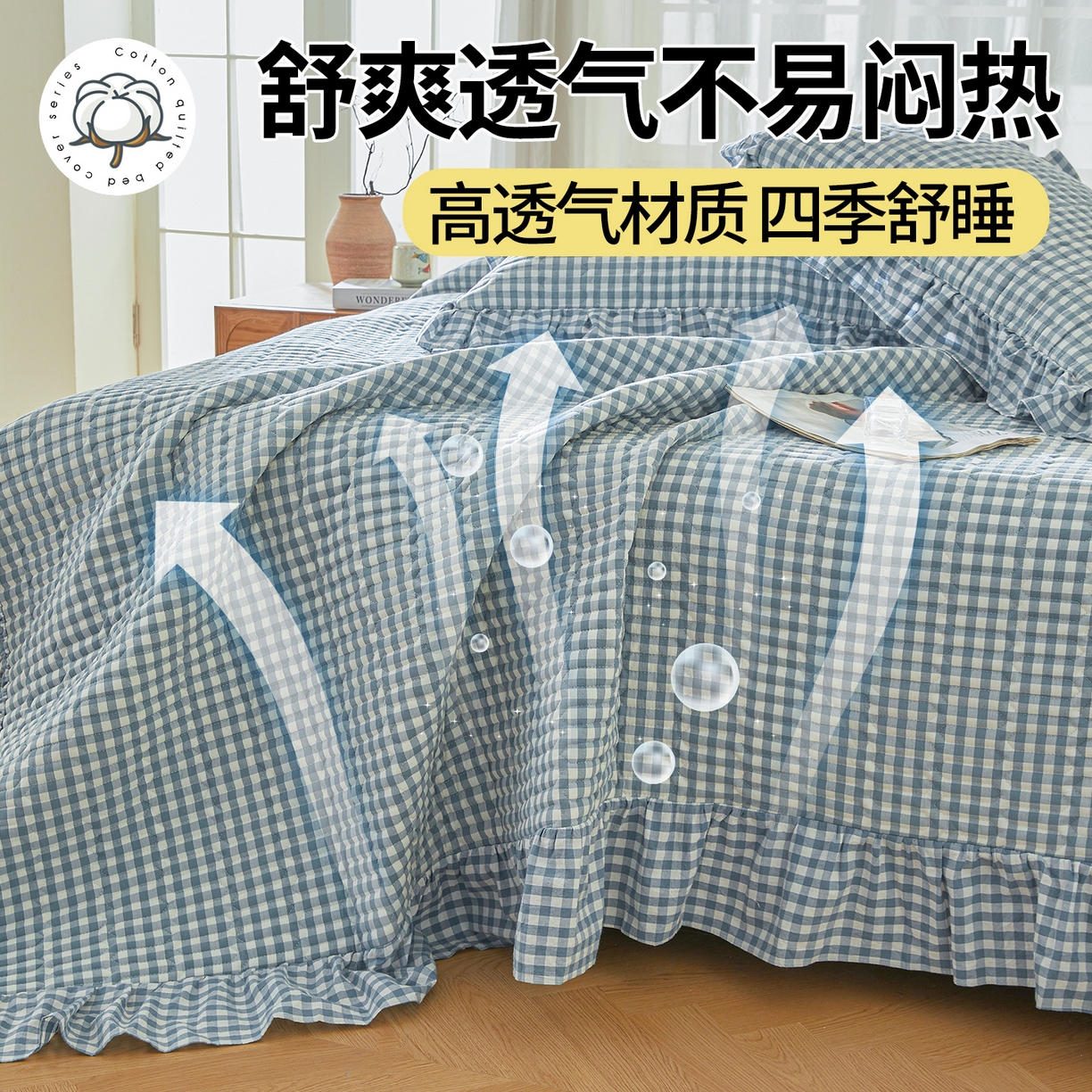 91家纺网 家纺一手货源 找家纺 珂博家纺 2025新款韩版花边纯棉全棉水洗棉色织床盖三件套单枕套 浅蓝小格