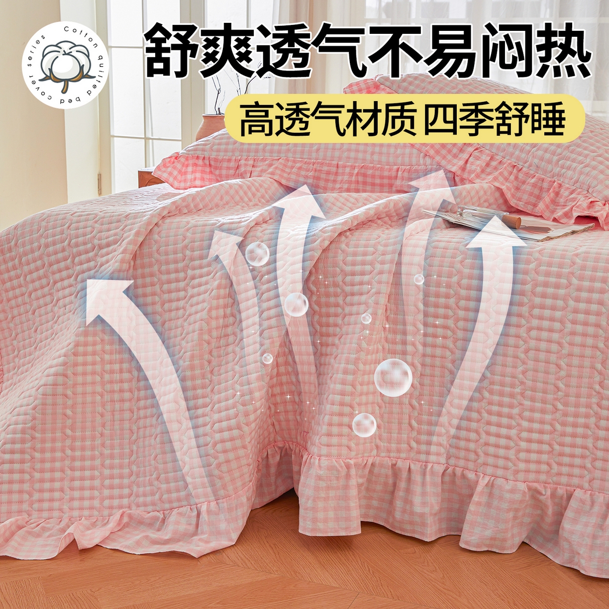 91家纺网 家纺一手货源 找家纺 珂博家纺 2025新款韩版花边纯棉全棉水洗棉色织床盖三件套单枕套 仙玉小格