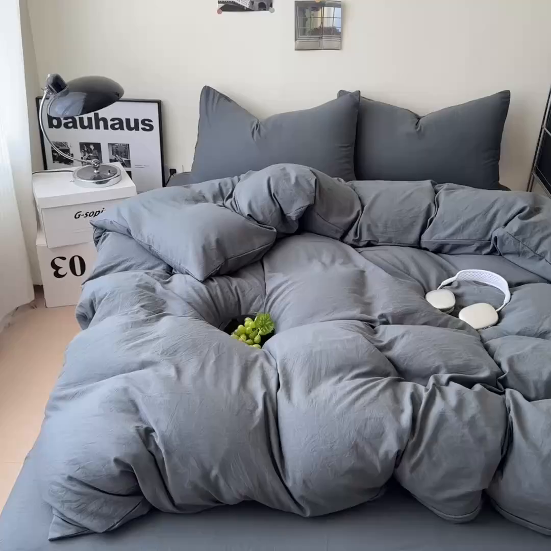 91家纺网 家纺一手货源 找家纺 （总）桔禾家纺 2025新款ins风纯色水洗棉四件套双拼水洗棉学生三件套四件套