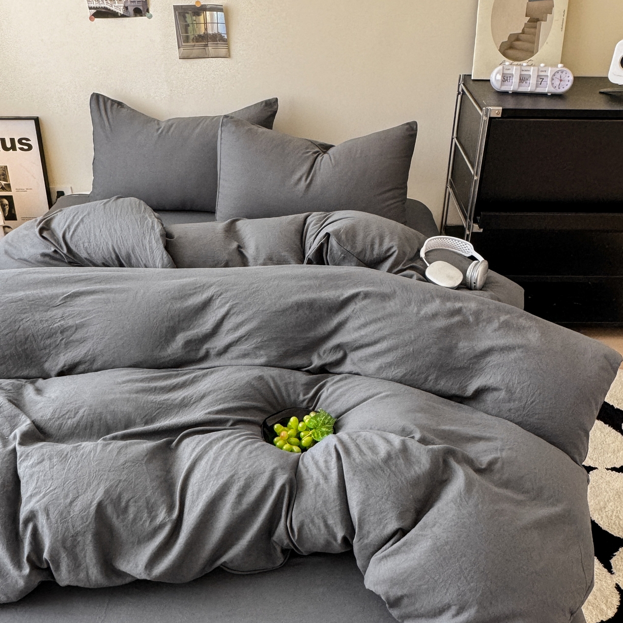 91家纺网 家纺一手货源 找家纺 （总）桔禾家纺 2025新款ins风纯色水洗棉四件套双拼水洗棉学生三件套四件套